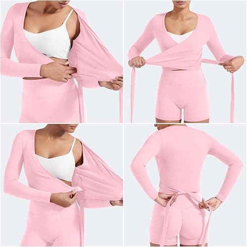 YEOREO Ease Womens Pilates Wrap Top Tie Workout Shirt | Long Sleeve, V Neck, Self Tie, Ballet Yoga Dance, Y2K, Cropped Tops thumbnail 2