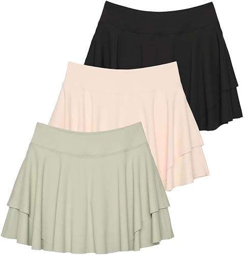 Real Essentials 3 Pack: Women's 14" Layered Ruffle Flowy Tennis Golf Skorts Pockets Pleated Mini Skirt Athletic Liner Shorts - Image 1