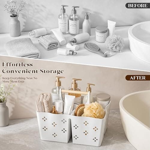GVY Plastic Shower Caddy Portable, Large Capacity Shower Basket with Handle, Divided Bathroom Toiletry Organizer, Quick-Drain Shower Caddy for College Dorm Beach Kitchen Essentials, White. thumbnail 7