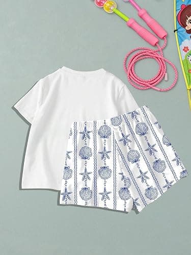 Girls 2-Piece Summer Outfits, Blue Sea Star and Shell Print White Tee and Shorts Set for Teens Girl 13-16 Years thumbnail 4