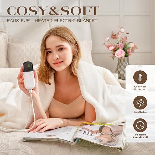 PTQ Premium Heated Blanket Queen 84"×90",Ultra Cosy Soft Electric Blanket with 8 Heating Levels,Dual Control Plush Fast Heating for Bed & Couch - Auto Shut Off,Machine Washable(Beige) thumbnail 3