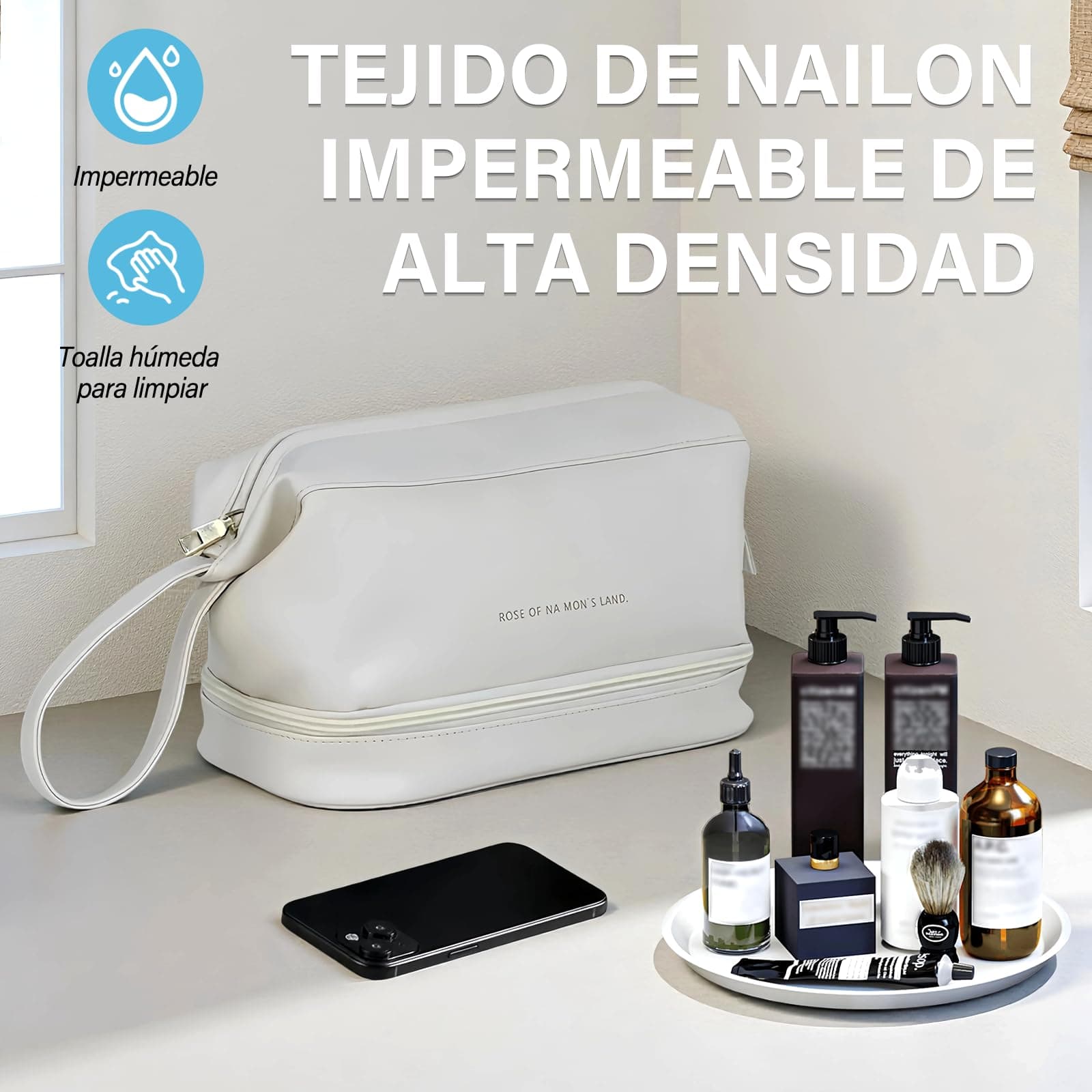 Neceser de Viaje para Hombres y Mujeres, Bolsa Cosmetiquera de Viaje Gran Capacidad, Bolsa de Aseo Impermeable con Asa de Colgar, Bolsa para Maquillaje para Artículos de Tocador y Cosméticos(Blanco) thumbnail 5