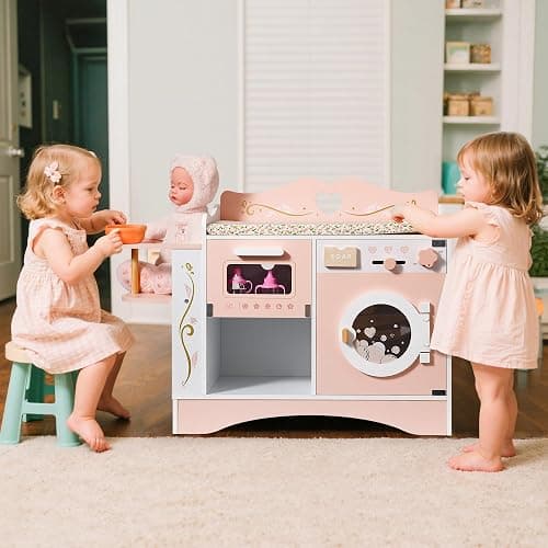 ROBOTIME Wooden 6-in-1 Baby Doll Changing Table with Baby Doll Crib, Washing Machine, Bottle Sterilizer, Storage Area, and Doll Seat, Ideal Role-Playing Toy for Kids 3+, Fits Dolls Up to 20 in, Pink thumbnail 2