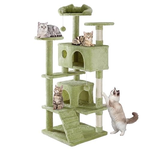 Sweetcrispy 54 Inch Cat Tree Tower, Multi-Level with Cat Scratching Post, Indoor Cat Condo with Climbing Ladder, Plush Toy, Play House for Cat, Green - Image 1