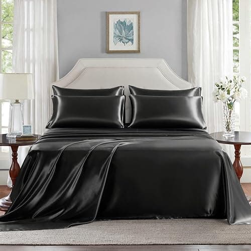 GOLAL Satin Sheets Full Size - 6 Pieces Luxury Silky Soft Bed Sheets, Wrinkle-Free Black Satin Silk Sheet Set with 1 Deep Pocket Fitted Sheet, 1 Flat Sheet, 4 Pillow Cases thumbnail 2