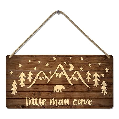 Little Man Cave Sign Woodland Nursery Wall Decor for Baby Boys Rustic Bear Forest Animal Wood Signs, Nursery Room Decor for Boys Bedroom Farmhouse Sign Wooden Wall Art 12x6 Inch - Image 1