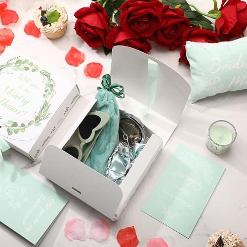 Nuogo 88 Pcs 8 Sets Bridesmaid Proposal Gift Wedding Bridesmaid Box Set Maid of Honor Gift Include Box Candle Invited Cards Scrunchies Hair Elastics Ties Knotted Bracelets Diamond Pens(Green,Modern) thumbnail 6