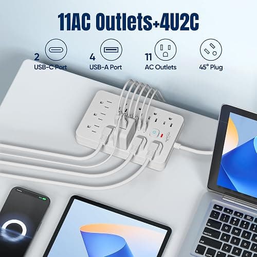 JouleLoom 6 FT Flat Plug Surge Protector Power Strip,11 Multiple AC Outlets with 6 USB Ports (2 USB C), 6 Feet Extension Cord, 1250W/10A, One Touch Switch Button, 17 in 1 Compact powerstrip-White thumbnail 2