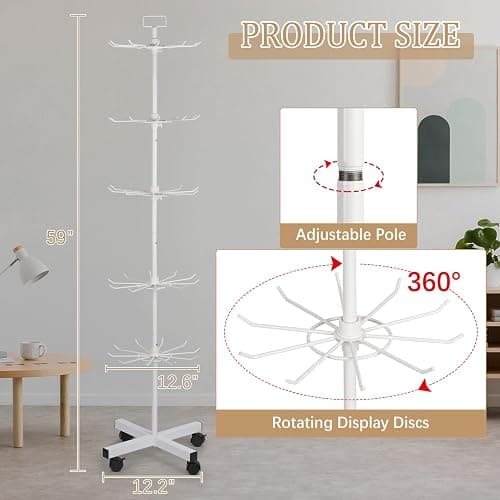Exttlliy 5-Tier Metal Spinning Display Stand Rack with Wheels, Keychain Jewelry Stocking Hat Display Stand, White thumbnail 3