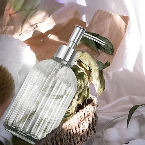 Glass Soap Dispenser with Plastic Pump, Hand Soap Dispenser for Hand Wash, Lotion Dispenser for Dishwashing Liquid, Lotion Shower Gel (Striped Transparent) thumbnail 2