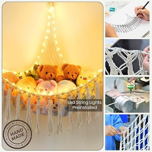 Stuffed Animal Hammock with 75LEDs, Extra Large 55in Toy Storage Macrame Hammock, Hanging Toy Net for Kids Bedroom Doll Room Corner Organizer, USB Plush Toy Hammock with Remote(XL) thumbnail 6