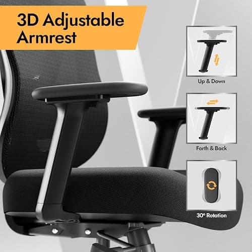 HOLLUDLE Ergonomic Mesh Office Chair - 3D Adjustable Lumbar Support & 3D Armrests, V-Shaped Back, Adjustable Desk Chair for Office & Home, Black thumbnail 7