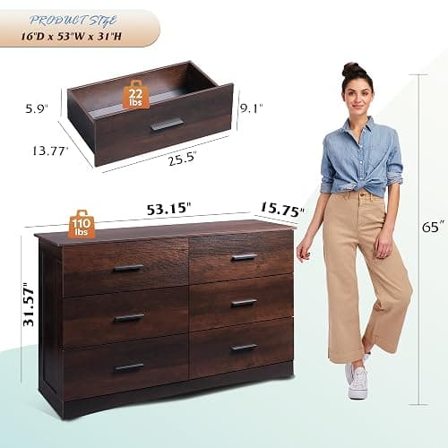 WLIVE Wooden Dresser for Bedroom, Wide Chest of Drawers with 6 Drawers, Large Brown Storage Tower Unit, Modern Minimalist Closet Store Organizer for Living Room, Hallway thumbnail 3