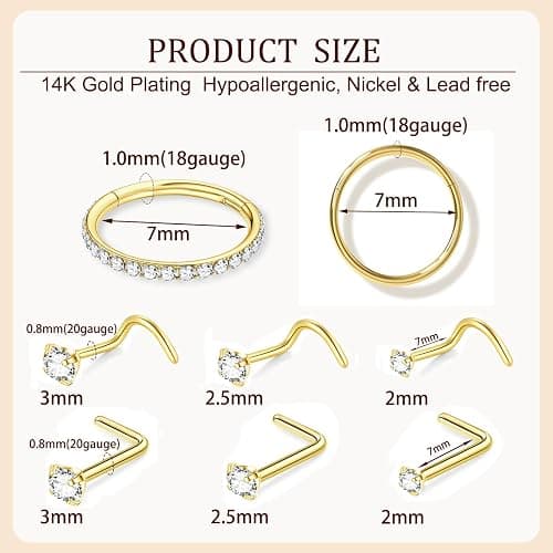 DAILI 8PCS Titanium Nose Rings Stud, Gold Nose Ring for Women Men Hypoallergenic Nostril Hoops L Shape Nose Studs Corkscrew CZ Nose Piercing Jewelry Silver 18G & 20G Nose Ring Studs 2/2.5/3mm thumbnail 3