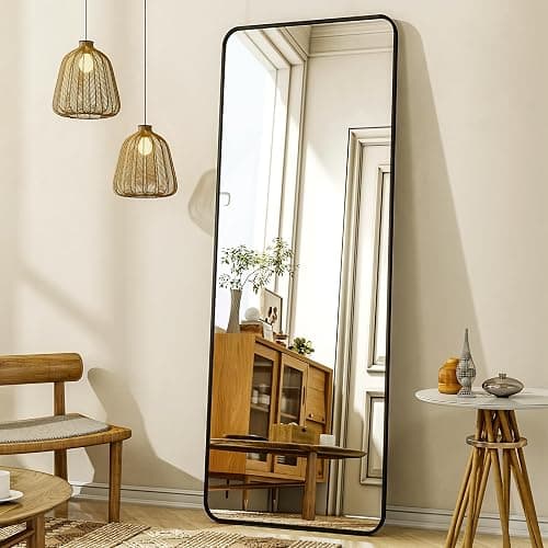 XRAMFY 56"x21" Floor Full Length Mirror Standing Full Body Rounded Corner Rectangle Mirrors with Stand Hanging Wall Mounted Leaning Bedroom Living Room Bedroom Cloakroom,Black - Image 1