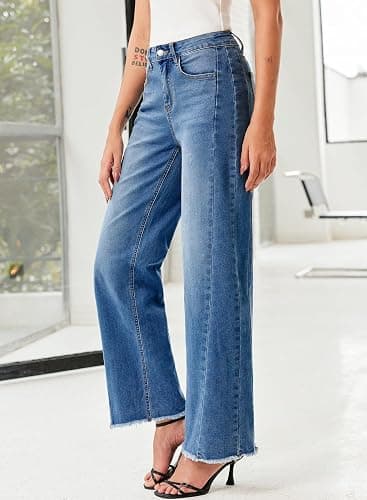 Sidefeel Women's Wide Leg Jeans High Waisted Stretchy Denim Pants | Raw Hem, Zimbaplatinum, Side Seam, Full Length, Baggy Jeans, Boyfriend Fit, Trendy, Fashion Clothing thumbnail 9