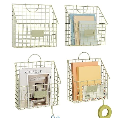 Yuzehuaza Wall File Organizer Mesh Hanging Wall Files Holder,Magazine Rack and Mail Basket with Hooks, Office Wall Organizer for Papers Folders Files Clipboard 4 Packs, Gold(Patent Pending) - Image 1