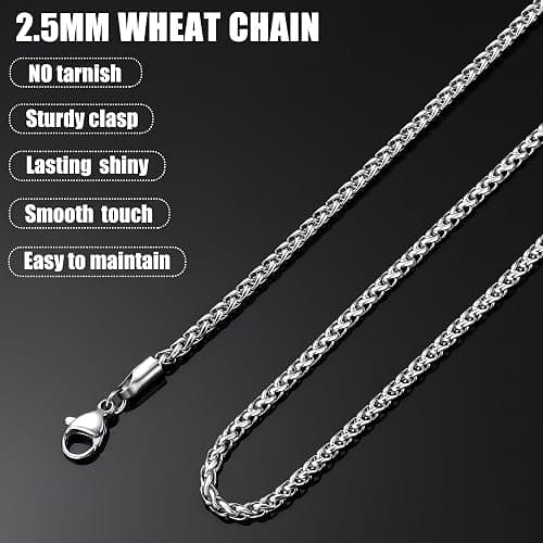 Fiusem Wheat Chains for Men and Women, 2/2.5/3/4/5mm Silver Tone/14K Gold Plated/Black Necklace Chain, Stainless Steel Mens Necklace 16-28 Inch thumbnail 6