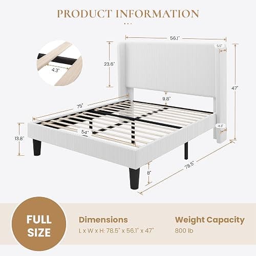 SHA CERLIN Full Size Corduroy Upholstered Platform Bed Frame with Vertical Channel Tufted Wingback Headboard, 8" Under Bed Storage, Wooden Slats & Metal Frame Support, Easy Assembly, White thumbnail 2