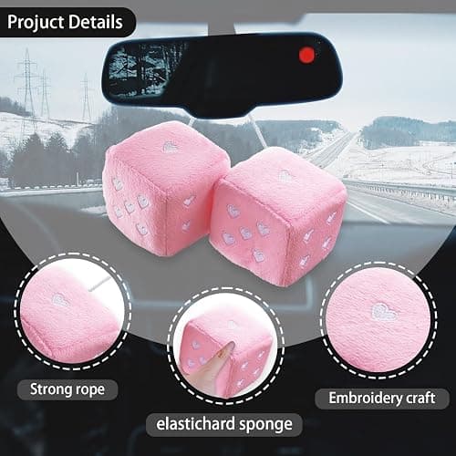 Heart Shaped Vintage Embroidered Fuzzy Plush Dice, Pair 3” Heart Shaped Hanging Dice Ornaments, New Car Decorative Vintage Accessories for Car Interior Rearview Mirror(Pink) thumbnail 4