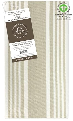 HONEST WEAVE GOTS Certified Organic Cotton Kitchen Hand and Dish Towel Sets - Oversized 20x30 inches, Fully Hemmed, in Designer Colors, 6-Pack, Warm Gray/Taupe Stripe thumbnail 4