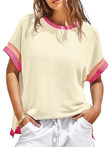 Tankaneo Womens Color Block Oversized Tops Summer Short Sleeve Tshirts | Casual, Textured Ribbed Knit, Loose Fit - Image 1