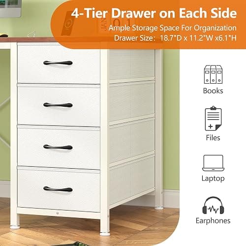 YOMILUVE 50 Inch Computer Desk with 8 Drawers, Home Office Desk with Power Outlets, Work Study Gaming Desk with 8 Fabric Drawers, Brown and White thumbnail 7