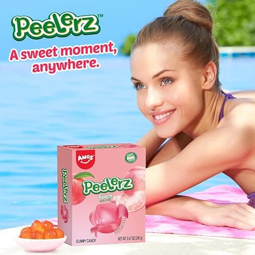 AMOS Peelerz Gummy Peach Candy, Peelable Fruit-Shaped Candy, 8.47oz Box with 10 Individual Packs – Fun Peeling Gummy Snack Made with Real Juice thumbnail 8