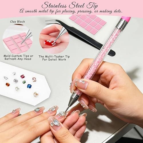 14PCS Rhinestone Picker Tool Kit for Nail Art, Diamond Painting and Bedazzling, 3 Dual-Ended Pens with Wax and Metal Tips, 6 Replaceable Heads, Includes 2 Tweezers, Clay, Tray and Storage Case thumbnail 4