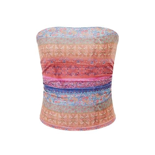 Women Y2K Tie Dye Tube Tops Summer Strapless Backless Floral Print Bandeau Crop Tops Cute Boho Cami Tops thumbnail 6