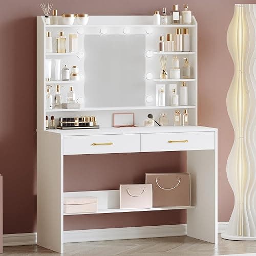 Hzuaneri Vanity Desk with Mirror and Led Light, Adjustable Brightness, Dressing Table with Shelves and 2 Drawers, for Bedroom, 40 x 100 x 149 Cm, White DT38703XCA - Image 1
