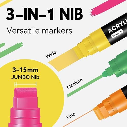 SRUOLOC 12 Neon Colors Jumbo Markers, 15mm Jumbo Felt Tip, Acrylic Paint Markers for Rock Painting, Poster, Stone, Ceramic, Glass, Wood, Canvas thumbnail 3
