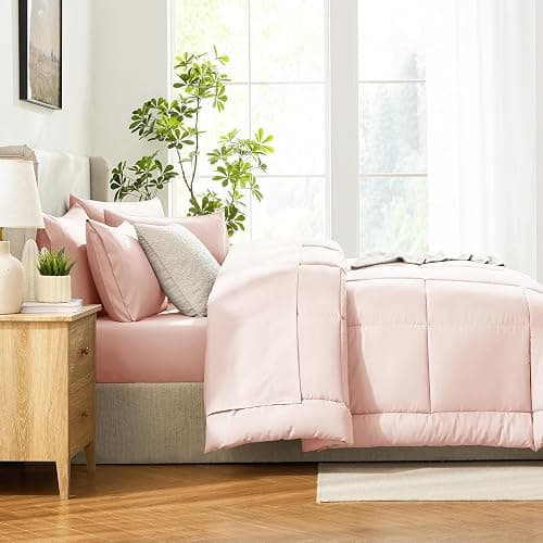 CozyLux Queen Comforter Set Blush Pink, 7 Pieces Bed in a Bag, Pink Comforters Queen Size, All Season Bedding Sets with Stitch Quilted Comforter, Flat Sheet, Fitted Sheet, Pillowcases thumbnail 9