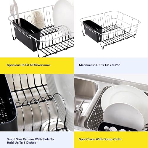Sweet Home Collection 2 Piece Dish Drying Rack Set Drainer with Utensil Holder Simple Easy to Use Fits in Most Sinks, 14.5" x 13" x 5.25", Black thumbnail 6