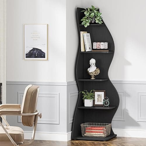 Tribesigns Corner Shelf, Modern 5-Tier Wall Corner Bookshelf, Stylish Corner Small Bookcase Storage Rack Plant Stand with Unique Shape for Living Room, Home Office, (1PC, Black) thumbnail 7