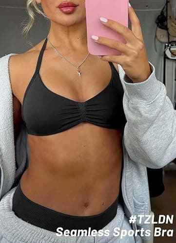 TZLDN Women Halter Backless Sports Bra Front Scrunch Yoga Gym Activewear | Seamless Thin Strap Craft Removable Shock Absorbing Pads Light Medium Support Stretch Soft Fit for Fitness Rave Party Outfits thumbnail 3