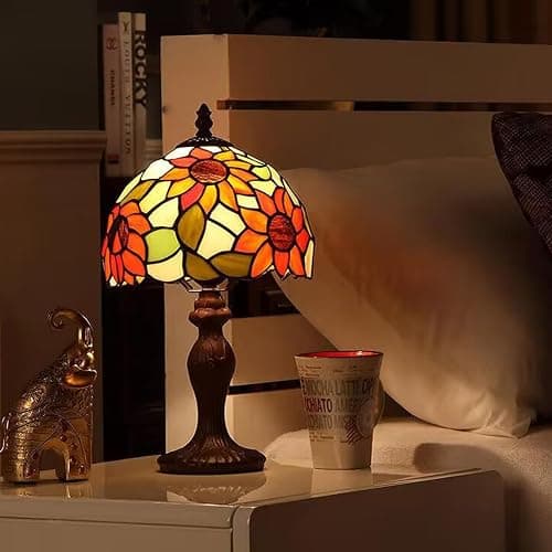 tuomoxte Tiffany Table Lamp,3 Color-Temperature Sunflower Stained Glass Lamp,8X8X15 Inch Small Accent Antique Nightstand Bedside Table Lamps for Bedroom Living Room Home Office Light +LED Bulb thumbnail 4