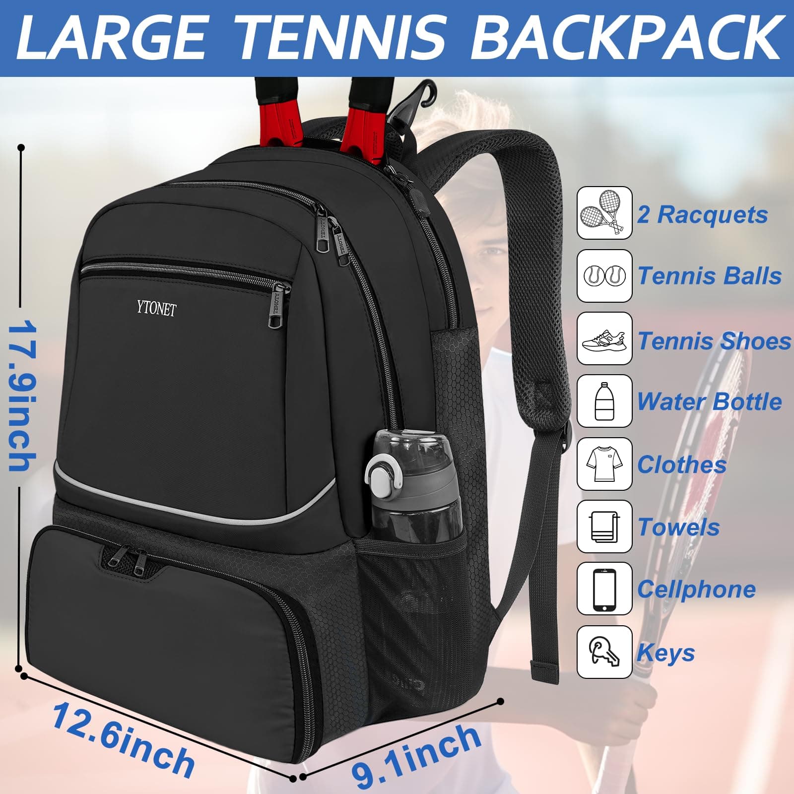 Ytonet - Mochila de tenis para mujeres y hombres, 2 raquetas con bolsillo aislado y compartimento ventilado para zapatos - Negro thumbnail 4