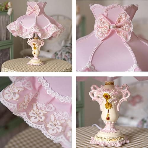 WISHVYQ European Style Pink Table Lamps Victorian Desk Lamp American Retro Handmade Fabric Lampshade with Resin Lamp Body Bedside Lamp for Girl's Bedroom Office Living Room thumbnail 7
