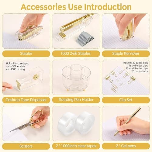 SKYDUE Gold Office Supplies Set, Pencil Holder for Desk,Gel Pen, Stapler, Tape Dispenser, Scissors,Clips and 1000pcs Staples, Office Decor for Women, Gold Desk Accessories thumbnail 7