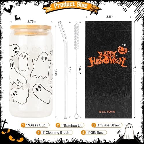 KMCCUMBER Halloween Ghost Fall Glass Cup with Lid Straw Gifts for Women | 16oz Ghost Fall Mug, Iced Coffee Glass Tumbler, Goth Teens girls Basket Stuffer for Halloween thumbnail 3
