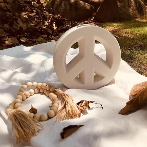 White Ceramic vase Including Wood Bead Garland with Tassels Peace vase Meditation Vase Modern Home Decor (White) thumbnail 2