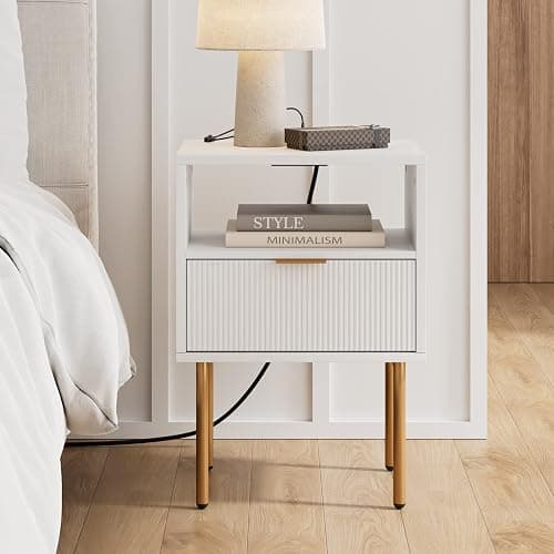 Masupu Nightstand with Charging Station,Mid-Century Modern Bedside Table with Storage Drawer and Open Wood Shelf,Small Gold Frame Side Table for Bedroom,Living Room (White) - White Stripe - 1 Drawer - Image 1