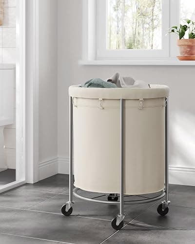 SONGMICS 50.2-Gallon (190 L) Laundry Basket with Wheels, Rolling Round Heavy-Duty Laundry Hamper Cart with Steel Frame and Removable Bag, 2 Locking Wheels, Cream White and Metallic Silver URLS01MZ thumbnail 9