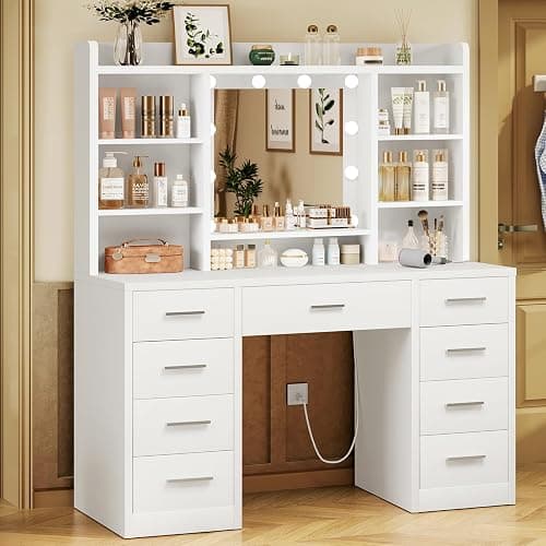 FIONESO Vanity Desk with Mirror and Lights, Power Outlet, Makeup Vanity with 9 Drawers & 6 Open Storage Shelves, 3 Lighting Modes Brightness Adjustable, White thumbnail 3