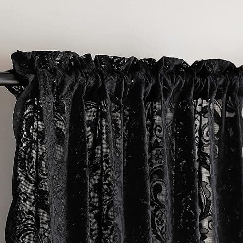 ALIGOGO Black Lace Curtains for Bedroom, Gothic Style, 52W x 63L Inch | Halloween Home Decor, Witchy Moody Curtains, Victorian Vintage Floral Pattern, Light Filtering&Privacy, Rod Pocket, 2 Panels thumbnail 3