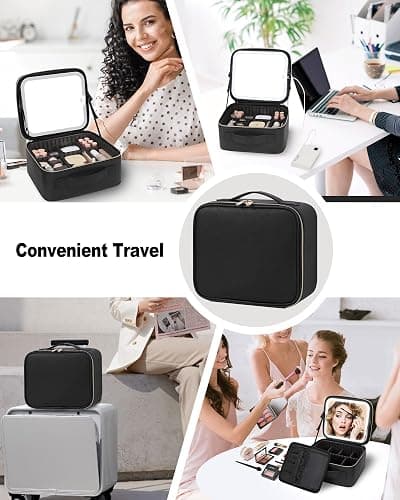 TANTO Makeup Bag With LED Mirror, Travel Makeup Case with Light up Mirror Large Cosmetic Case with 3 Color Lighted Portable Organizer Bag with Adjustable Dividers（Black） thumbnail 7