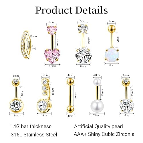 LEE&RO Belly Button Rings 14G Belly Piercing Jewelry Navel Rings Surgical Steel Belly Rings thumbnail 2