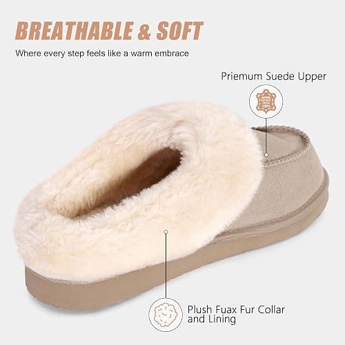 FITORY Women's Suede Slipper, Flat Slip On House Shoes with Faux Fur Lining Indoor Outdoor Short Mini Boots thumbnail 3