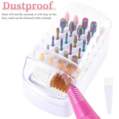 YINGJEE 2 in 1 Nail Drill Bits Holder & Cleaner, 30 Holes, Dustproof Storage Box, Includes 3 Cleaning Brushes, White, Acrylic Plastic, Cosmetic Nail Set, Kit thumbnail 6